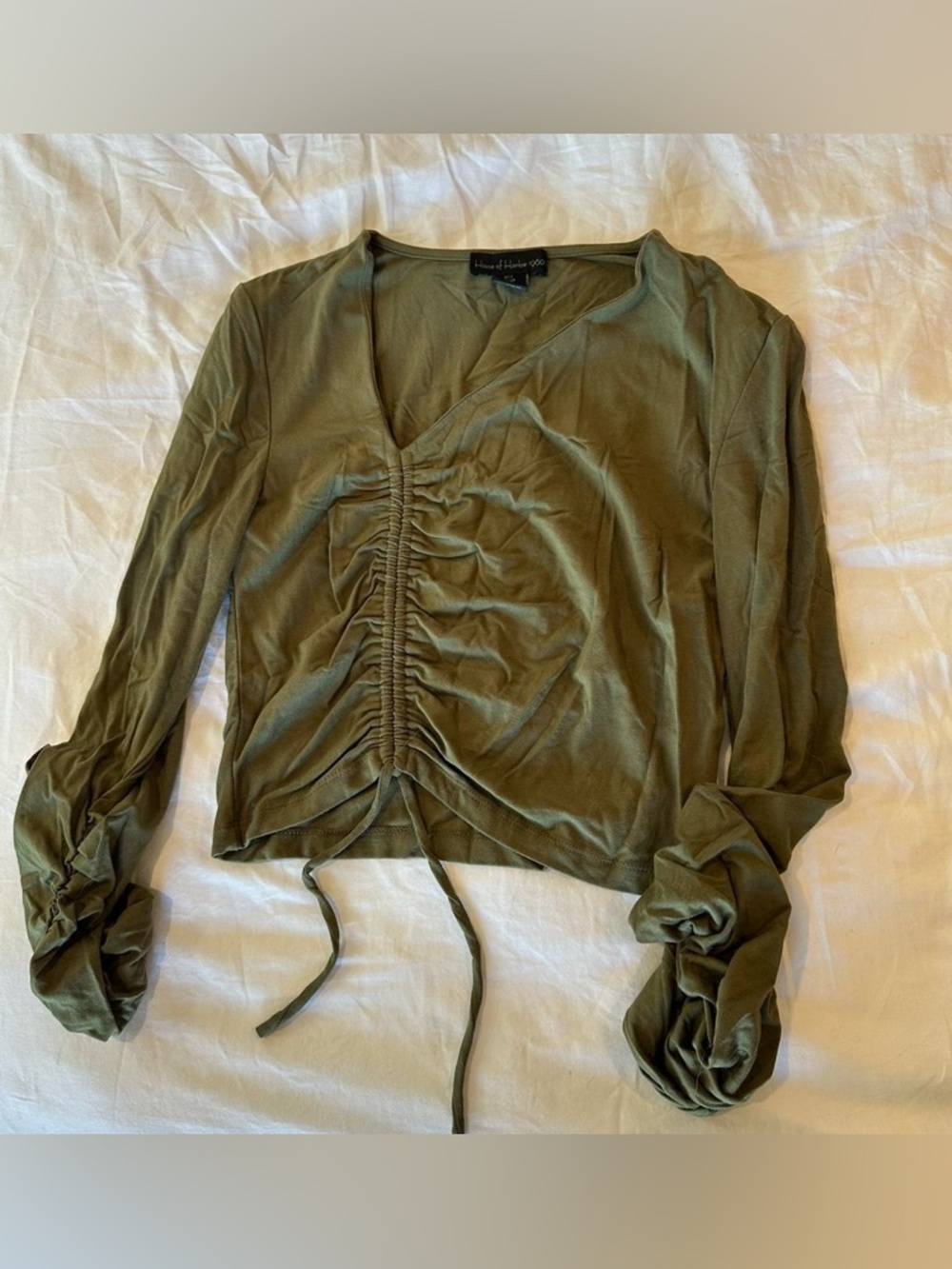House of Harlow 1960 Olive V-Neck Ruched Long Sleeve Top